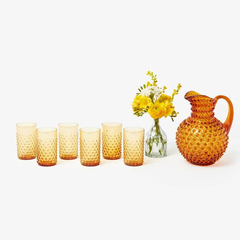 Amber Hobnail Jug And Glasses (Set Of 6) Glassware