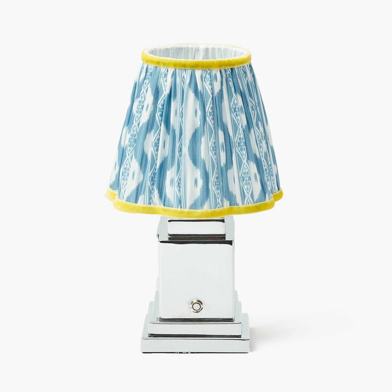 Chrome Rechargeable Lamp With Blue & Yellow Ikat Shade (18Cm) Lighting