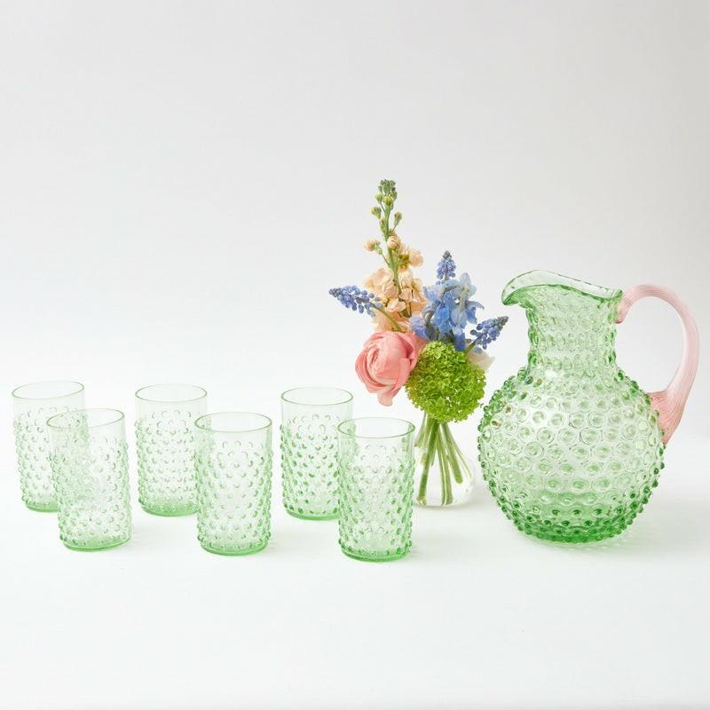 Emerald Hobnail Jug With Rose Handle & Glasses (Set Of 6) Glassware