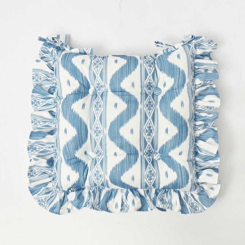 Frilled Blue Ikat Seat Pad Cushion Cushions