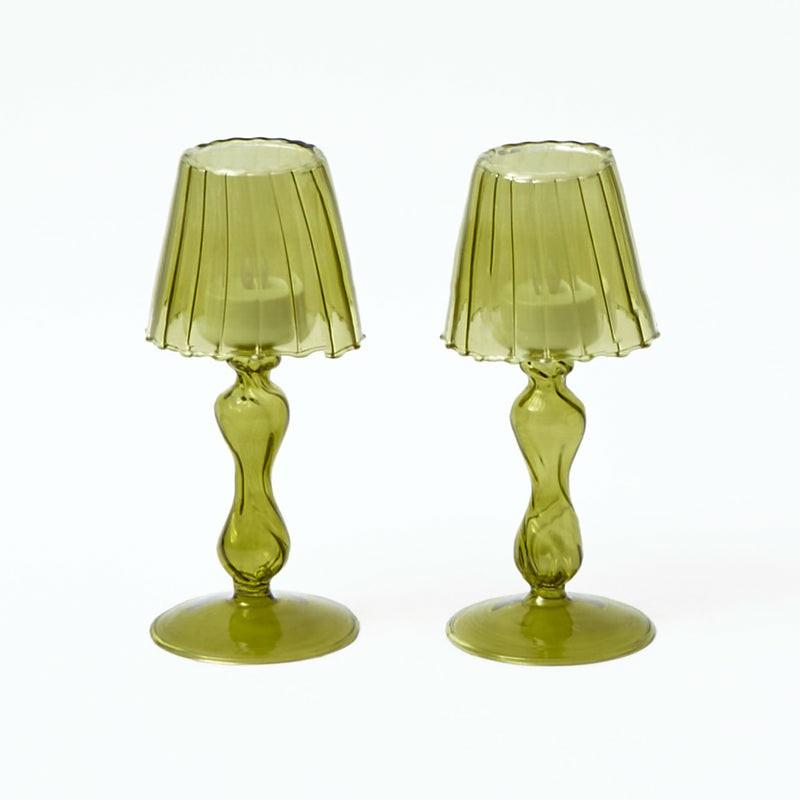 Olive Glass Lantern Tea Light Holder (Pair) – 18 Cm Candle Holders