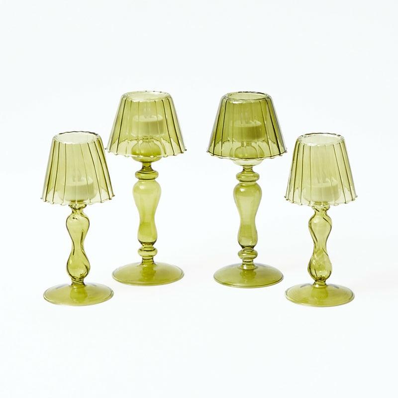 Olive Glass Lantern Tea Light Holder Set Candleware