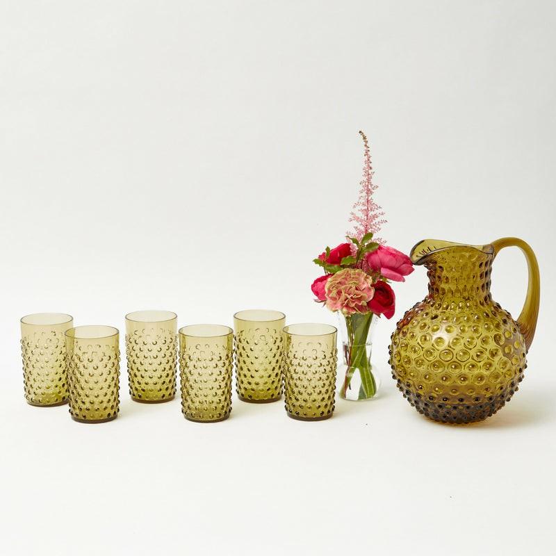 Olive Green Hobnail Jug & Glasses (Set Of 6) Glassware