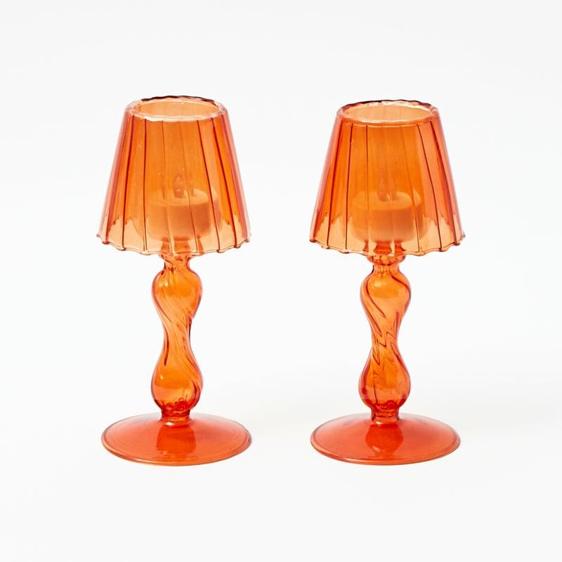 Orange Glass Lantern Tea Light Holder (Pair) – 18 Cm Candleware