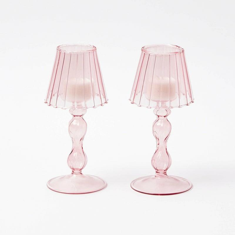 Pink Glass Lantern Tea Light Holder (Pair) – 18Cm Candle Holders