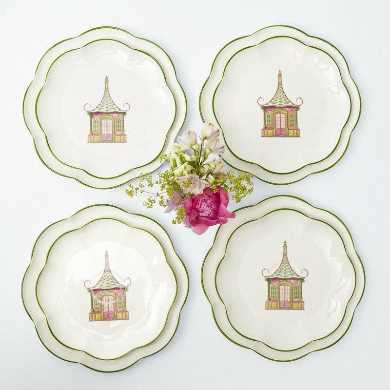 Pink & Green Pagoda Dinner & Starter Plates (Set Of 8) Crockery