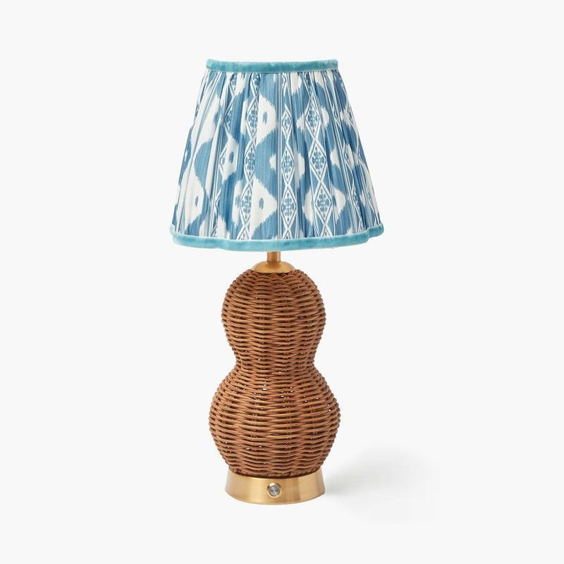 Rattan Bardot Rechargeable Lamp With Blue Ikat Lampshade (18Cm) Lighting