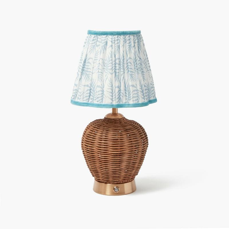 Rattan Ursula Rechargeable Lamp With Blue Fern Lampshade (18Cm) Lighting