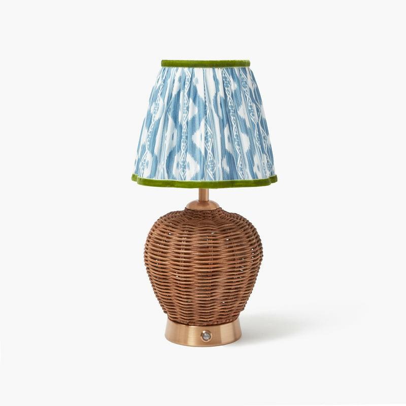 Rattan Ursula Rechargeable Lamp With Blue & Green Ikat Shade (18Cm) Lighting