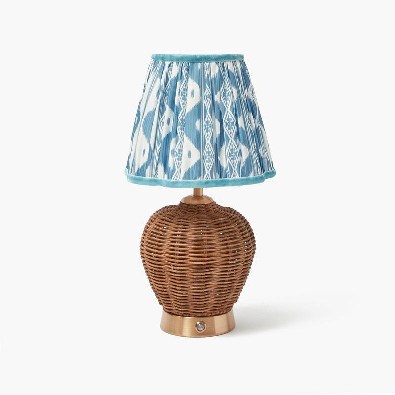 Rattan Ursula Rechargeable Lamp With Blue Ikat Lampshade (18Cm) Lighting