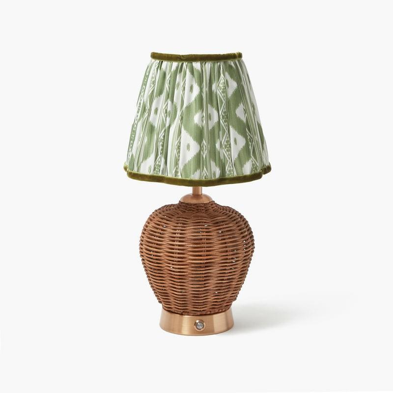 Rattan Ursula Rechargeable Lamp With Olive Ikat Lampshade (18Cm) Lighting