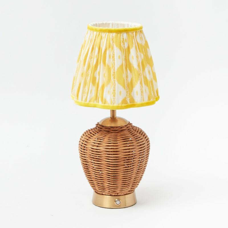 Rattan Ursula Rechargeable Lamp With Yellow Ikat Scalloped Lampshade (18Cm) Home Decor