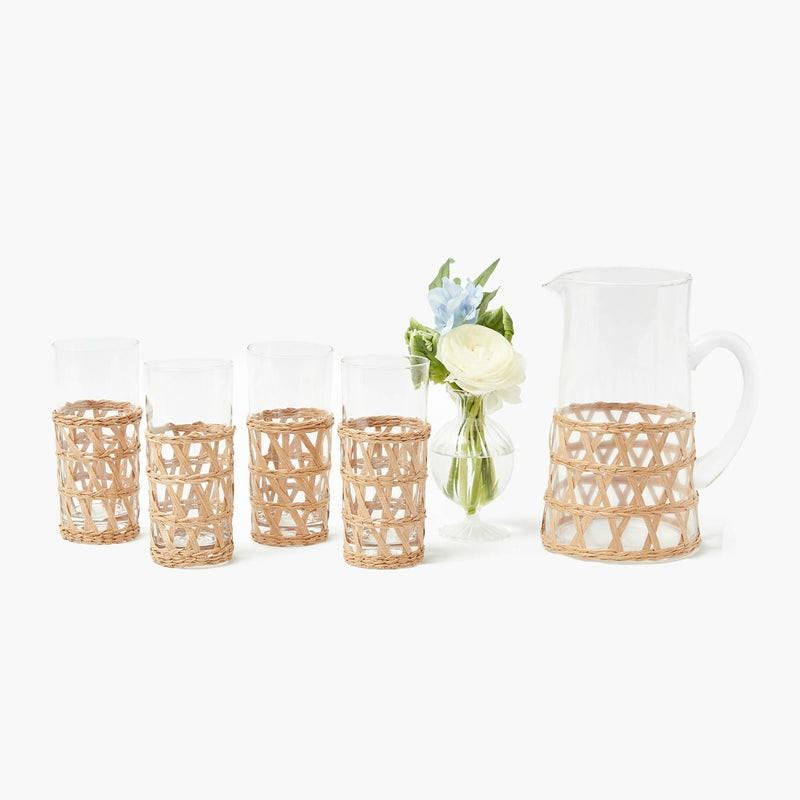 Tall Raffia Glasses & Jug Set Glassware