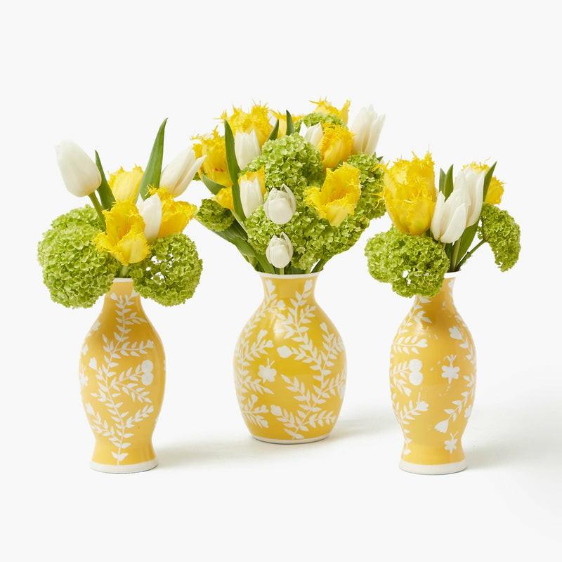 Yellow Hand Painted Tole Bud Vases (Set Of 3) Glassware