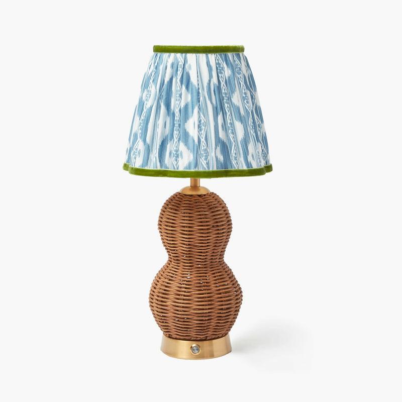 Rattan Bardot Rechargeable Lamp With Blue & Green Ikat Shade (18Cm) Lighting