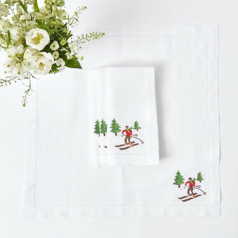 White Embroidered Skier Napkins (Set Of 4) Napkins